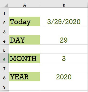 example of day, month, and year function in excel